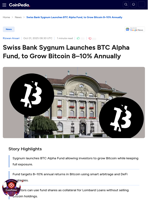Swiss Bank Sygnum Launches BTC Alpha Fund, to Grow Bitcoin 8–10% Annually