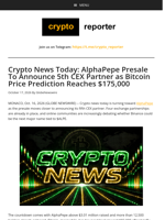 Crypto News Today: AlphaPepe Presale To Announce 5th CEX Partner as Bitcoin Price Prediction Reaches $175,000