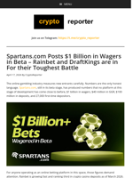 Spartans.com Posts $1 Billion in Wagers in Beta - Rainbet and DraftKings are in For their Toughest Battle