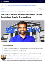India's FIU Probes Binance and WazirX Over Suspicious Crypto Transactions