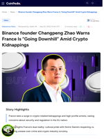Binance founder Changpeng Zhao Warns France Is “Going Downhill” Amid Crypto Kidnappings