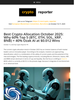 Best Crypto Allocation October 2025: Why 60% Top 5 (BTC, ETH, SOL, XRP, BNB) + 40% Ozak AI at $0.012 Wins