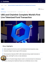 UBS and Chainlink Complete World’s First Live Tokenized Fund Transaction