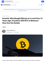 Investor Who Bought Bitcoin at a Low Price 13 Years Ago Transfers 500 BTC to Binance! Here Are the Details: Guest Post by Bitcoin Sistemi EN | CoinMarketCap