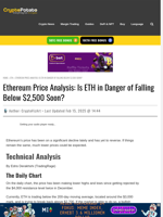 Ethereum Price Analysis: Is ETH in Danger of Falling Below $2,500 Soon?