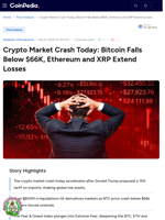 Crypto Market Crash Today: Bitcoin Falls Below $66K, Ethereum and XRP Extend Losses
