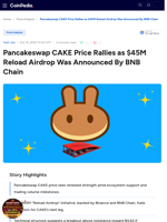 Pancakeswap CAKE Price Rallies as $45M Reload Airdrop Was Announced By BNB Chain