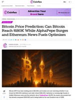 Bitcoin Price Prediction: Can Bitcoin Reach $180K While AlphaPepe Surges and Ethereum News Fuels Optimism - Coinfea