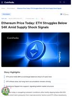 Ethereum Price Today: ETH Struggles Below $4K Amid Supply Shock Signals