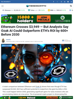 Ethereum Crosses $3,949 — But Analysts Say Ozak AI Could Outperform ETH’s ROI by 600× Before 2030