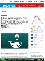 Bitcoin Whale Awakens From 12-Year Slumber To Move $116 Million Of BTC Ahead Of Highly-Anticipated Fed Meeting ⋆ ZyCrypto