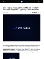 One Trading Approved Under MiCAR - First EU Venue for Regulated Crypto Spot and Derivatives - Visionary Financial
