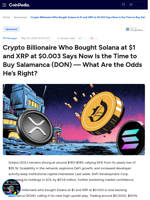 Crypto Billionaire Who Bought Solana at $1 and XRP at $0.003 Says Now Is the Time to Buy Salamanca (DON) — What Are the Odds He’s Right?