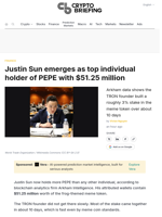 Justin Sun emerges as top individual holder of PEPE with $51.25 million