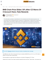 BNB Chain Price Slides 1.8% After CZ Warns Of X Account Hack