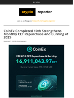 CoinEx Completed 10th Strengthens Monthly CET Repurchase and Burning of 2025