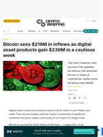 Bitcoin sees $219M in inflows as digital asset products gain $230M in a cautious week