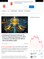 Institutional Demand Continues To Rise For Regulated Exposure To BTC As Bitwise Core Bitcoin ETP (BTC1) Hits $100 Million AUM