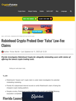 Robinhood Crypto Probed Over ‘False’ Low-Fee Claims