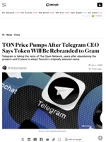 TON Price Pumps After Telegram CEO Says Token Will Be Rebranded to Gram - Decrypt