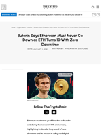 Buterin Says Ethereum Must Never Go Down as ETH Turns 10 With Zero Downtime
