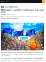 MiCA Licensing Slows as ESMA Adds 14 New CASPs to Its Register