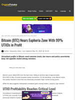 Bitcoin (BTC) Nears Euphoria Zone With 99% UTXOs in Profit