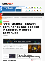‘99% chance’ Bitcoin dominance has peaked if Ethereum surge continues - The Crypto News Wire