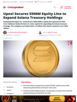 Upexi Secures $500M Equity Line to Expand Solana Treasury Holdings - Coinspeaker