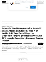 Satoshi's Final Bitcoin Advice Turns 15 Years; Attack on Litecoin: Was It an Inside Job? Top Devs Weigh In; Dogecoin Targets $0.1 Resistance with 30% Upside Expected - Morning Crypto Report - U.Today