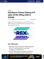 REXShares Solana Staking ETF adds $27M, lifting AUM to $306M