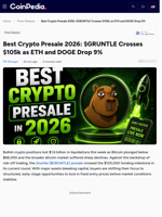 Best Crypto Presale 2026: $GRUNTLE Crosses $105k as ETH and DOGE Drop 9%
