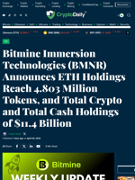 Bitmine Immersion Technologies (BMNR) Announces ETH Holdings Reach 4.803 Million Tokens, and Total Crypto and Total Cash Holdings of $11.4 Billion - Crypto Daily