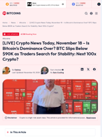 [LIVE] Crypto News Today, November 18 – Is Bitcoin's Dominance Over? BTC Slips Below $90K as Traders Search for Stability: Next 100x Crypto? - 99Bitcoins