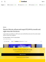 $2.5 billion in BTC call spreads target $72,000 by the month end when the Fed meets