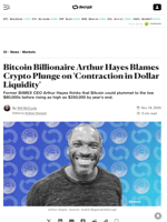 Bitcoin Billionaire Arthur Hayes Blames Crypto Plunge on 'Contraction in Dollar Liquidity' - Decrypt