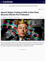 SpaceX Begins Trading at $160 as Elon Musk Becomes World's First Trillionaire
