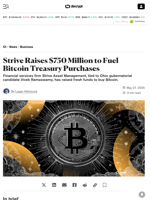 Strive Raises $750 Million to Fuel Bitcoin Treasury Purchases - Decrypt