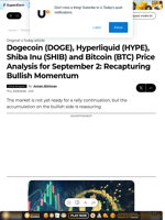 Dogecoin (DOGE), Hyperliquid (HYPE), Shiba Inu (SHIB) and Bitcoin (BTC) Price Analysis for September 2: Recapturing Bullish Momentum - U.Today