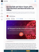 On Schedule and Above Target: JST's Third Buyback and Burn Breaches $21 Million