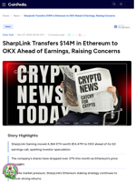 SharpLink Transfers $14M in Ethereum to OKX Ahead of Earnings, Raising Concerns