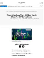 WisdomTree Says There Will Be a Supply Shock for XRP Before Bitcoin