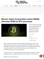 Bitcoin Japan Corporation raises $60M, allocates $4M for BTC purchase