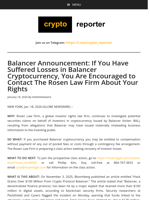 Balancer Announcement: If You Have Suffered Losses in Balancer Cryptocurrency, You Are Encouraged to Contact The Rosen Law Firm About Your Rights