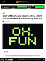 OX.FUN Exchange Disputes $1M USDC Withdrawal Block & Insolvency Reports - CoinCentral