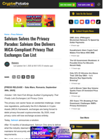 Salvium Solves the Privacy Paradox: Salvium One Delivers MiCA-Compliant Privacy That Exchanges Can List