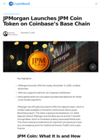 JPMorgan Launches JPM Coin Token on Coinbase's Base Chain