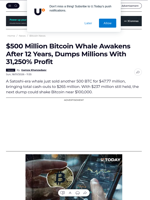 $500 Million Bitcoin Whale Awakens After 12 Years, Dumps Millions With 31,250% Profit - U.Today