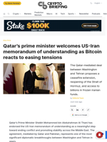 Qatar's prime minister welcomes US-Iran memorandum of understanding as Bitcoin reacts to easing tensions