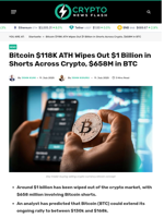 Bitcoin $118K ATH Wipes Out $1 Billion in Shorts Across Crypto, $658M in BTC